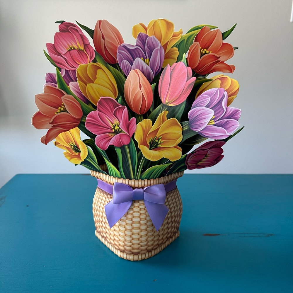 Vibrant Paper Faux Floral Basket with Purple Ribbon